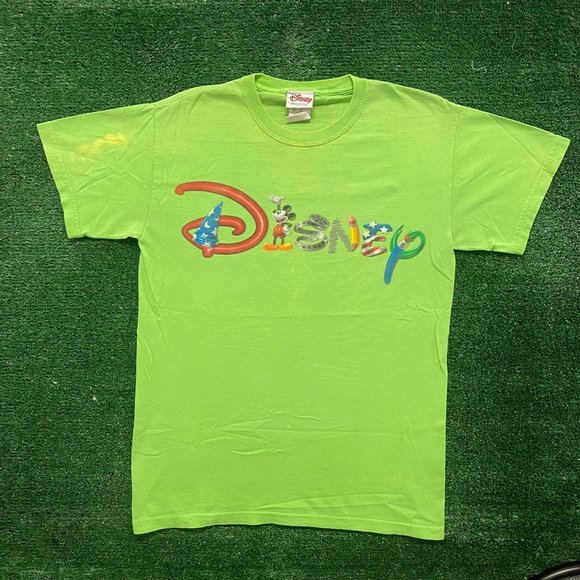 Vintage Y2K Disney Logo Shirt Lime Green Mickey Mouse Tee - Picture 1 of 6